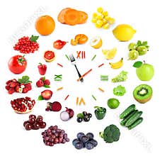 Food clock with fruits and vegetables