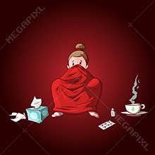 Cartoon sick girl with blanket