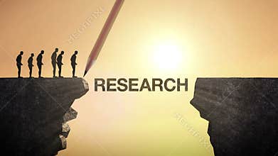 Pencil write 'RESEARCH', connecting the cliff. Businessman crossing the cliff, business concept.