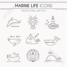 Marine life thin line icon set