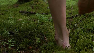Girl walks barefoot in the woods in a cloak