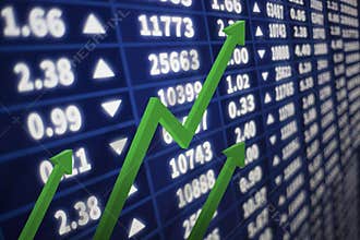 Stock market graph with an arrow going up