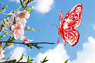 Red and white butterfly flying around peach blossom