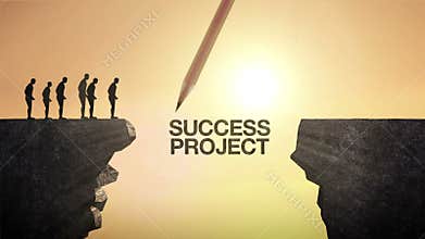 Pencil write `SUCCESS PROJECT`, connecting the cliff. Businessman crossing the cliff, business concept.
