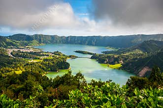 Beautiful scenic landscape from Azores Sao Miguel Island Sete Sete Cidades