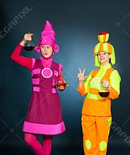 Cheerful animators with chemical flasks and test tubes