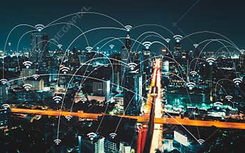 Wifi icon and city scape and network connection
