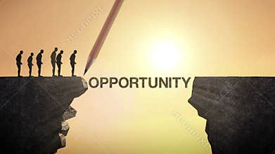 Pencil write 'OPPORTUNITY', connecting the cliff. Businessman crossing the cliff, business concept.