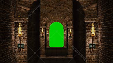 Medieval corridor with green screen