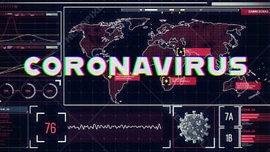 Digital composite video of Coronavirus text against world map digital interface in background
