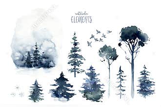 Watercolor winter forest. Christmas tree landscape with Pine Trees fir in the Mountains. Hand painted Isolated on white