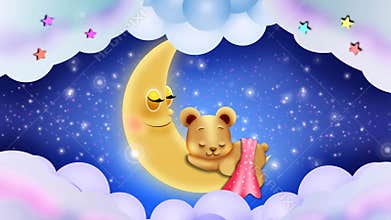 Cute bear cartoon sleeping on moon, best looped motion background 4k., best looped motion background 4k.