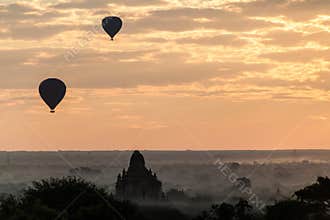 Balloons over Bagan and the skyline of its temples, Myanm