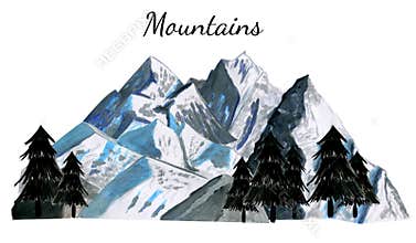 Landscape of the mountains Everest with tree silhouette. Watercolor hand drawn illustration in realistic style. Concept of nature
