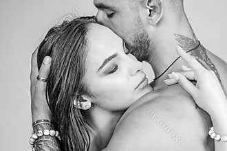Romantic couple. Sensual and intimate moment of lovers. Feeling and emotion. Man enjoying foreplay with sexy lady.