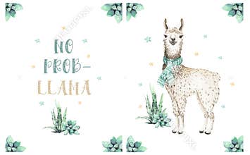 Cute watercolor llama, alpaca illustration isolated on white. Llama print ethnic blanket, flowers wreath, floral bouquet