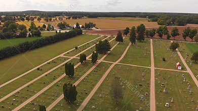 Aerial view of tranquil cemetery in a countryside.