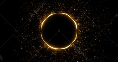 Spinning gold circle with sparkles and glitter. The appearance and disappearance of shiny objects. Reverse motion of luminous part