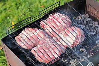 BBQ. Close Up of Raw Barbecue Grilling