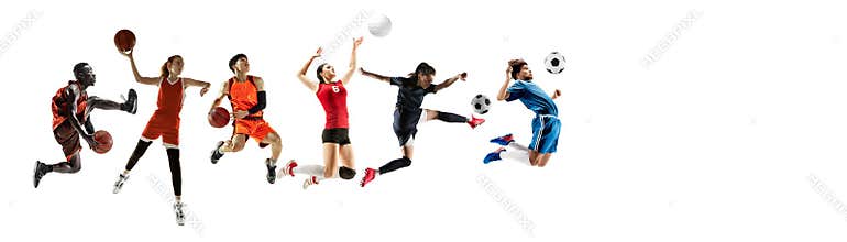 Sport collage of professional athletes or players isolated on white background, flyer