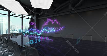 Animated Charts Diagrams of Financial Statistics report Growing on Table in Office Interior.