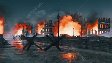 Destroyed after war burning city ruins at night 4K