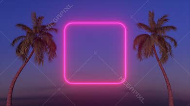 Neon glowing rectangle frame appears between two palm trees.