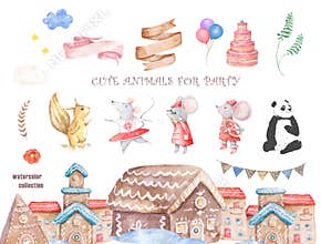 Cute watercolor mouse on the house, cartoon city and fly airships illustration for baby shower, cards, flyers, posters, prints,