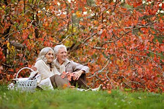 Portrait of senior couple having picnic outdoors