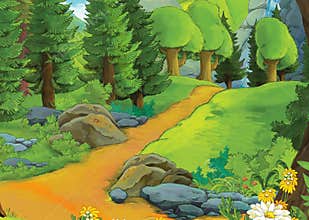 Cartoon summer scene with meadow valley - nobody on scene - illustration for children