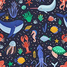 Childish seamless pattern with happy marine animals or funny underwater creatures living in sea. Ocean fauna on black