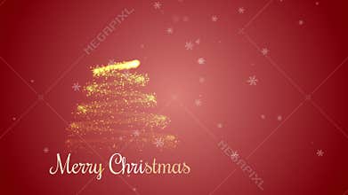 Animated Christmas tree with falling snowflakes on red background. Christmas tree made of gold particles.