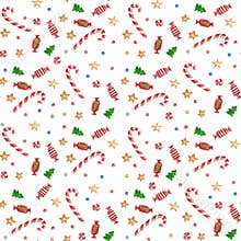 Seamless watercolor Christmas pattern background with candies, firs, stars and balloons on white background