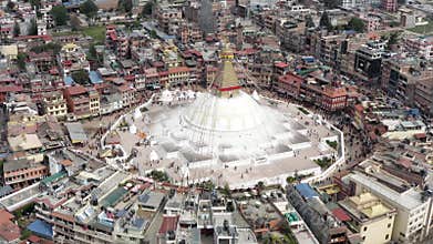 Nepal, Kathmandu. Boudhanath stupa. Aerial footage