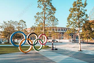Tokyo, Japan - Nov 1, 2019: Olympic symbol logo at Japan New National Stadium in Shinjuku. Tokyo Summer Olympic 2020 host venue