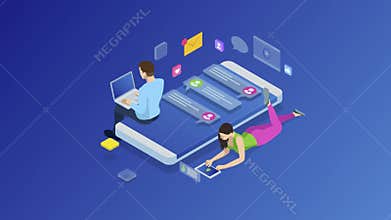 Ismetric man and woman communicate in social networks on a smartphone. Mobile phone chat message notifications