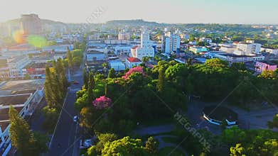 Aerial of Small Town, Park and Catholic Church