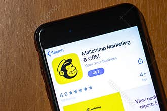 Los Angeles, California, USA - 17 January 2020: Phone screen with Mailchimp Marketing icon on app store top view, Illustrative