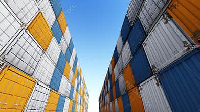 Rows of cargo shipping. Large iron containers of different colors.