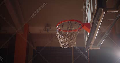 Close-up Basket Basketball Ball Slam Dunk Curly Caucasian Player Jump Ray of Light