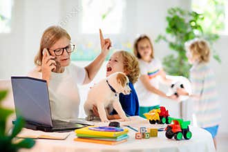 Mother working from home with kids. Quarantine