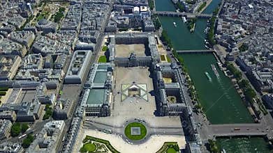 ARIAL: Flight towards Louvre, Paris at Daylight in Summer
