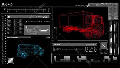 Animation of blue and red 3d models of cars with data processing