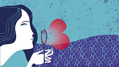 Animated illustration, woman blowing love soap bubbles heart