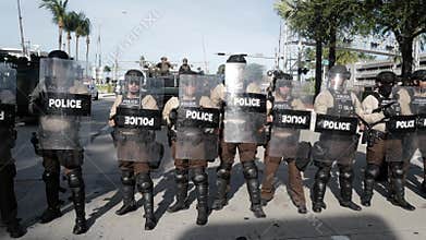 Miami Downtown, FL, USA - MAY 31, 2020: Police at George Floyd demonstrations. Miami-area police and protesters. The