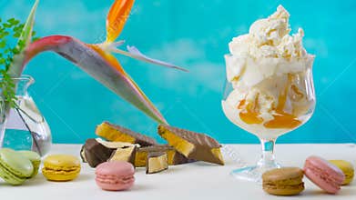 Making gourmet caramel and honeycomb ice cream sundae timelapse.