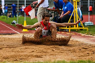 Regensburg, Germany - July 20, 2019: bavarian athletics championship, long jump