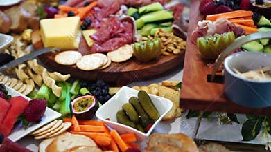 Table covered in abundant gourmet food banquet, close up slide left reveal