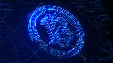 Blue Shiny Digital Art Bitcoin Logo Symbol Cryptocurrency Futuristic 3D