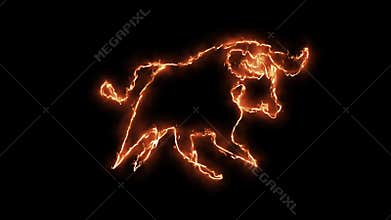 Mistical Reveal of bull. Burning flaming continuous contour line.